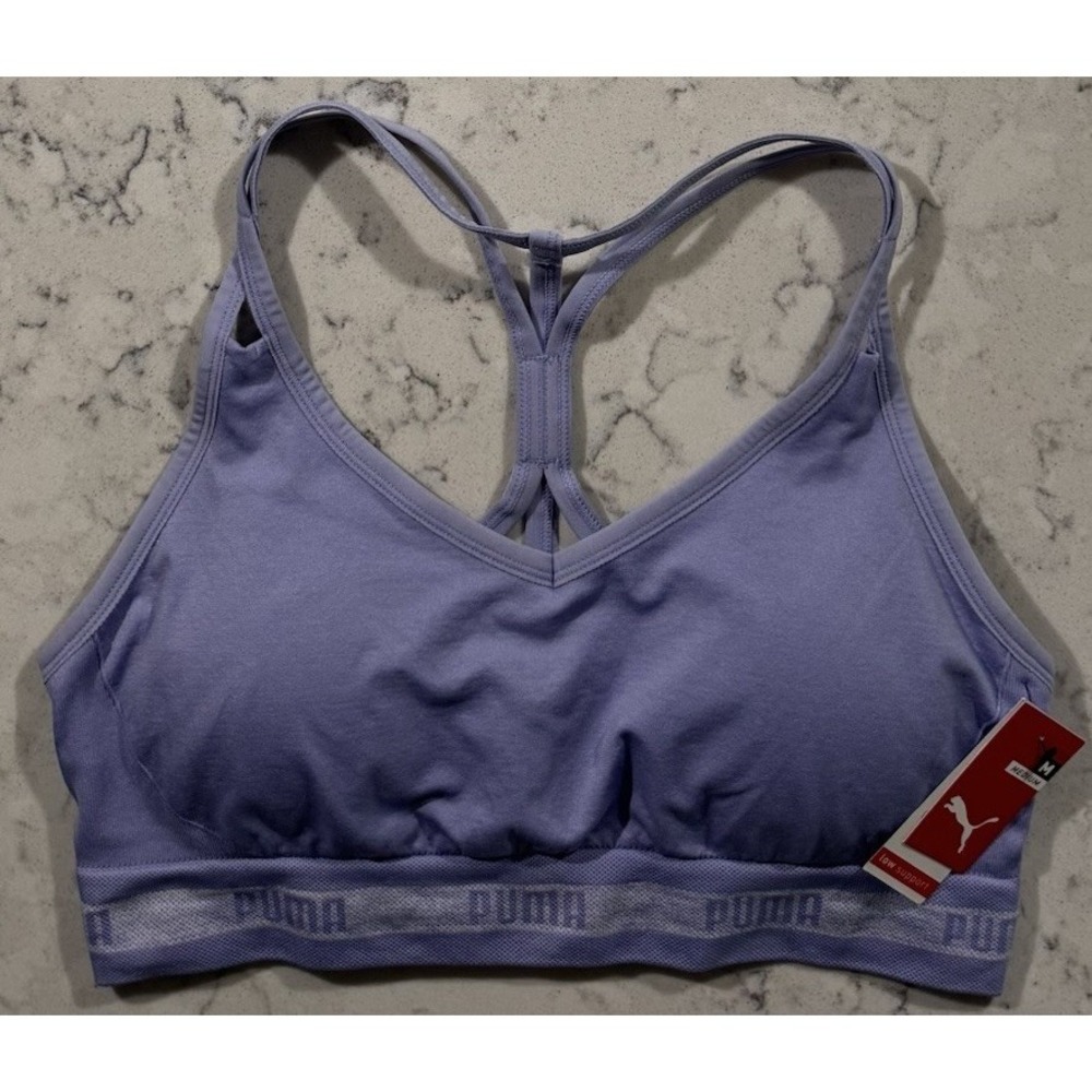 NWT Puma Sports Bra Womens Medium Purple Low Support Seamless Racerback Training